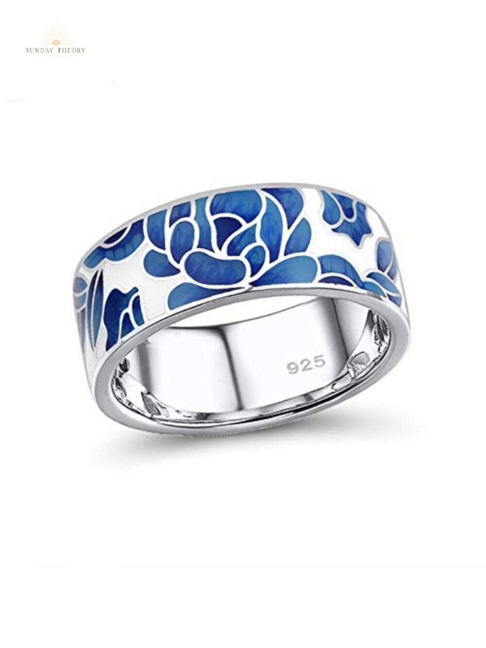 Sterling Silver Enamel Flower Pattern Ring Statement Pave CZ